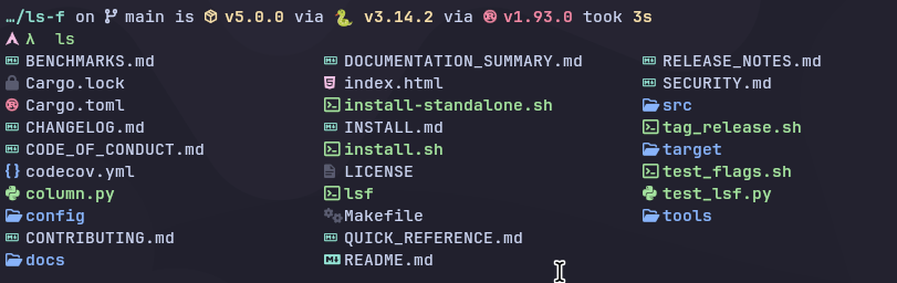 ls-f terminal screenshot showing colorized file listing with icons